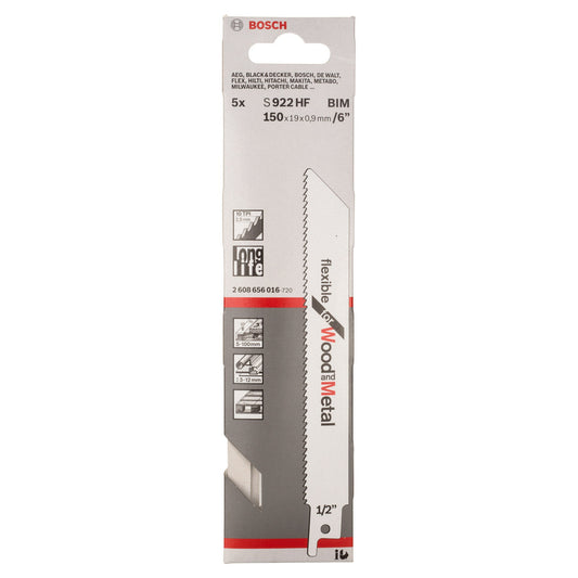 Bosch Reciprocating Saw Blades for Wood & Metal 150mm Pack Of 5 S922HF