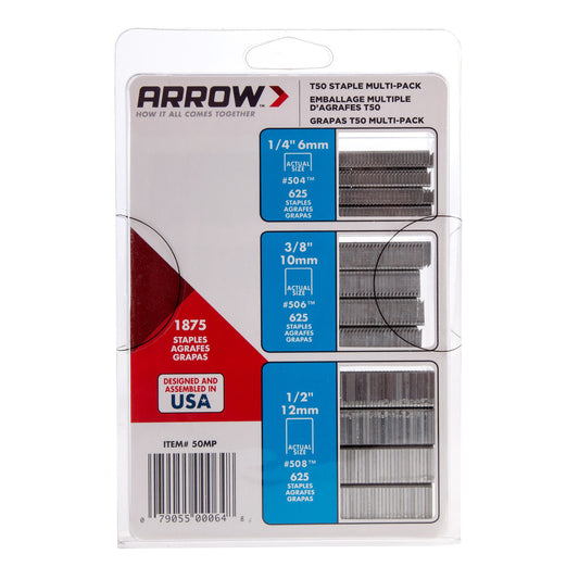 Arrow Staple Multi Pack 1875 Assorted Staples 1/4" 3/8" and 1/2" T50MP