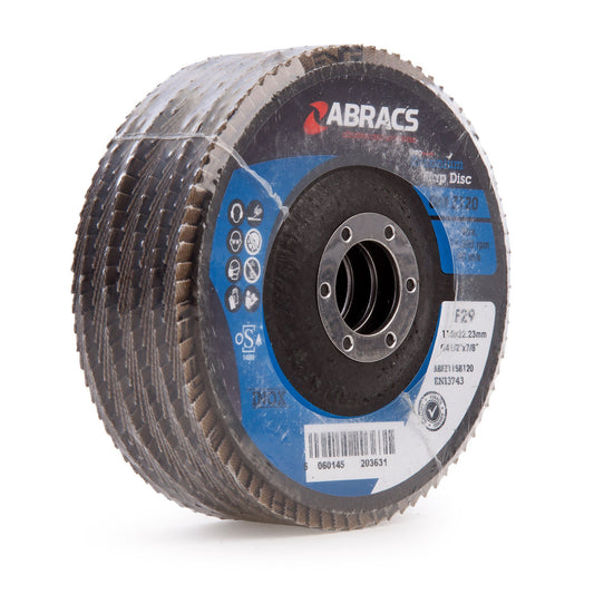 Abracs Pro Zirconium Flap Disc 115mm Bore 22mm 120 Grit 5 Pack ABFZ115B0120