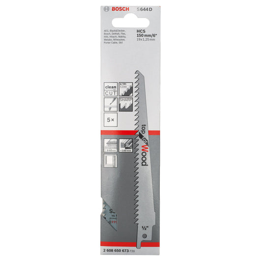 Bosch Reciprocating Saw Blades for Wood 150mm Pack Of 5 S644D