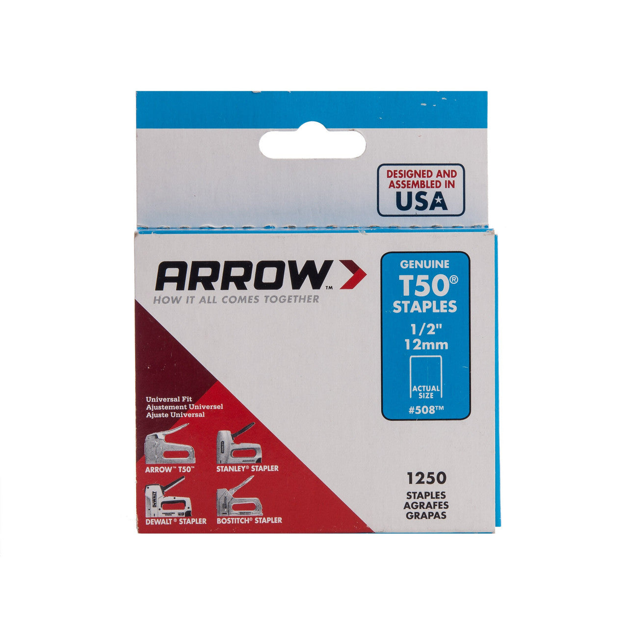 Arrow T50 Staples 12mm 1/2in Pack Of 1250 Flat Crown Universal Fit 50824
