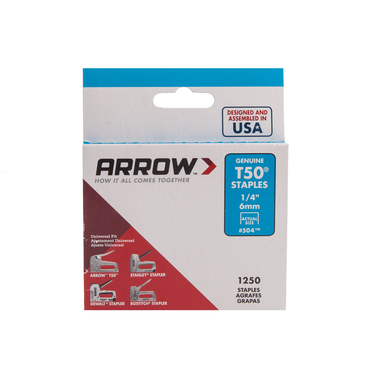 Arrow T50 Staples 6mm 1/4in Pack of 1250 Steel Zinc Universal Fit A50424