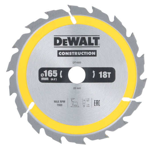 Dewalt Construction Circular Saw Blade 165 x 20mm x 18T DT1933