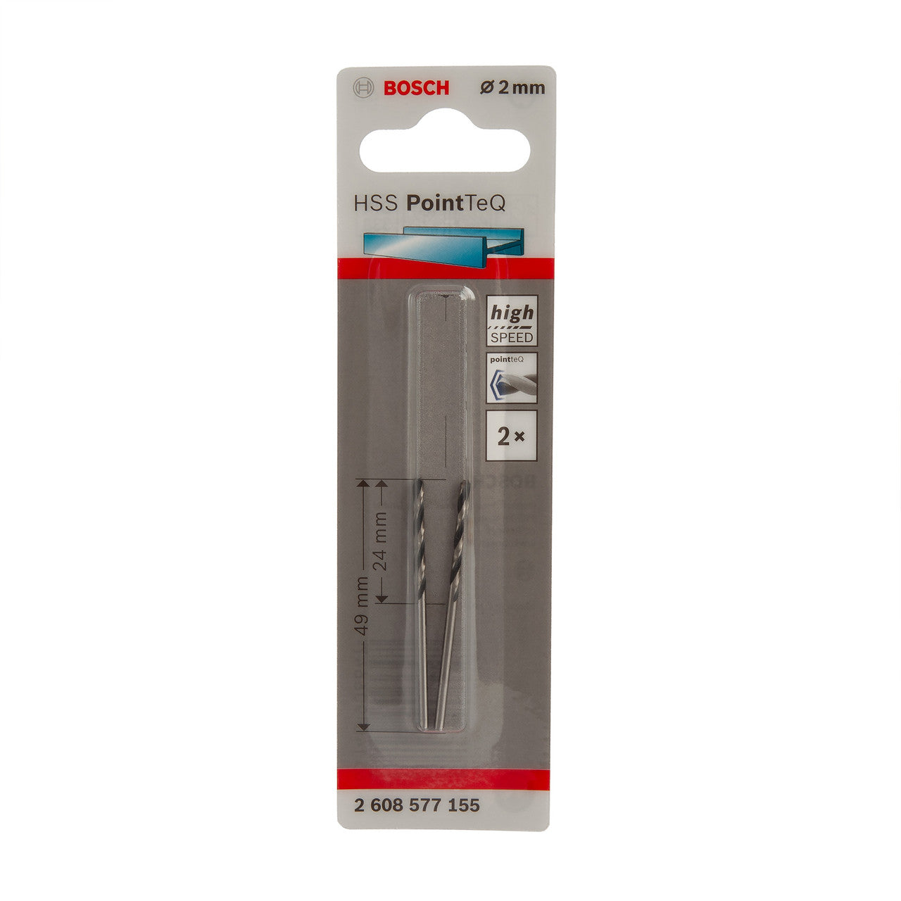 Bosch HSS PointTeQ Twist Metal Drill Bit 2mm 2 Pack Self Centring 2608577155