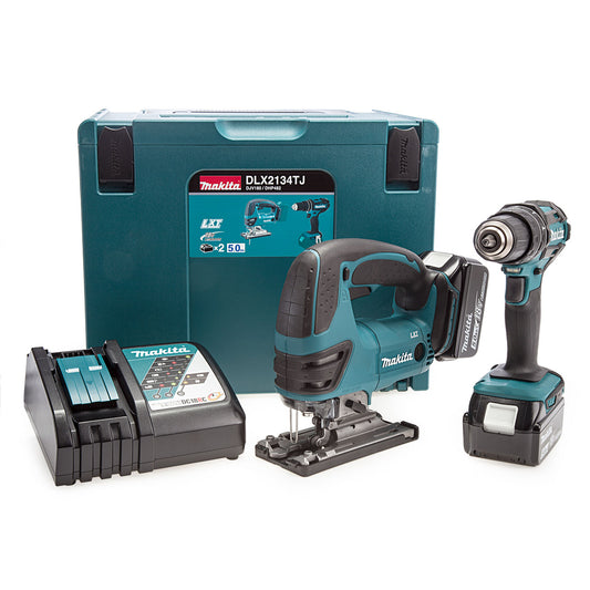 Makita 18V Combi Drill & Jigsaw Twin Pack 2 x 5.0Ah Batts MakPac Case DLX2134TJ