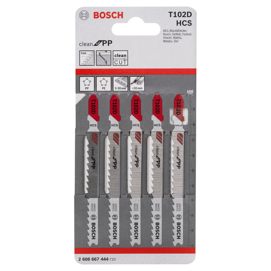 Bosch Clean Cutting Jigsaw Blades for Polypropylene 5 Pack T102D