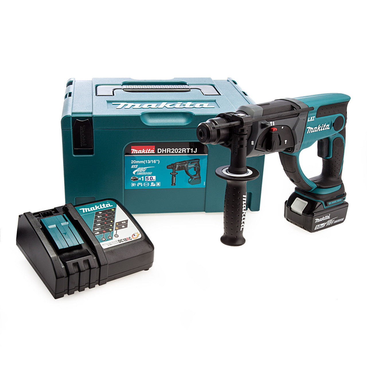 Makita 18V LXT SDS Plus Rotary Hammer Drill 1x 5.0Ah Batteries Makpac DHR202RT1J