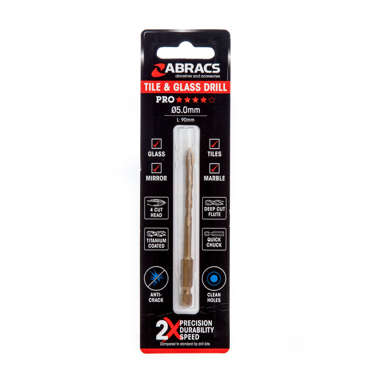 Abracs 4 Point Drill Bit Tile Glass 5mm Titanium Coated 1/4" Hex Shank DBG050