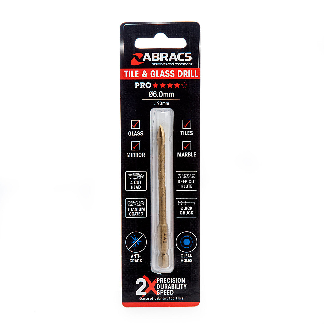 Abracs 4 Point Drill Bit Tile Glass 6mm Titanium Coated 1/4" Hex Shank DBG060