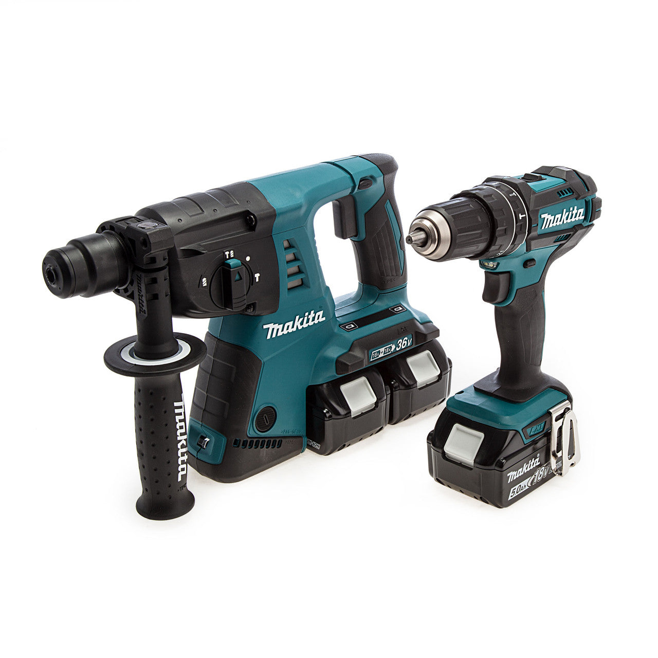 Makita 18V/36V Combi Drill & SDS Plus Rotary Hammer Twin pk 4 x 5.0Ah DLX2137PTJ
