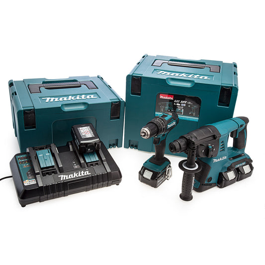 Makita 18V/36V Combi Drill & SDS Plus Rotary Hammer Twin pk 4 x 5.0Ah DLX2137PTJ