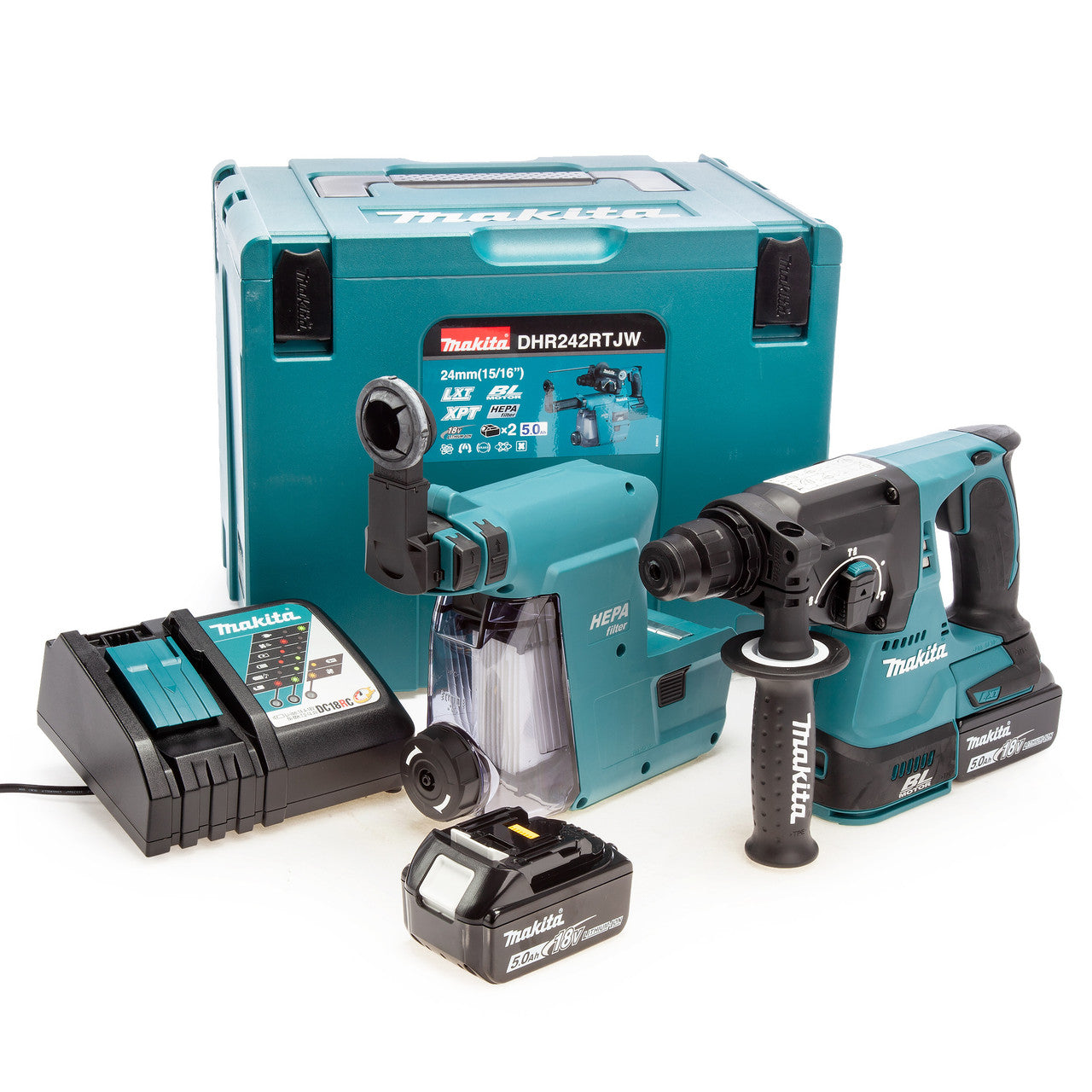 Makita 18V Brushless SDS+ Hammer Drill Dust Extraction 2 x 5.0Ah Batt DHR242RTJW