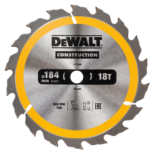 Dewalt Construction Circular Saw Blade 185 x 16mm x 18T DT1938