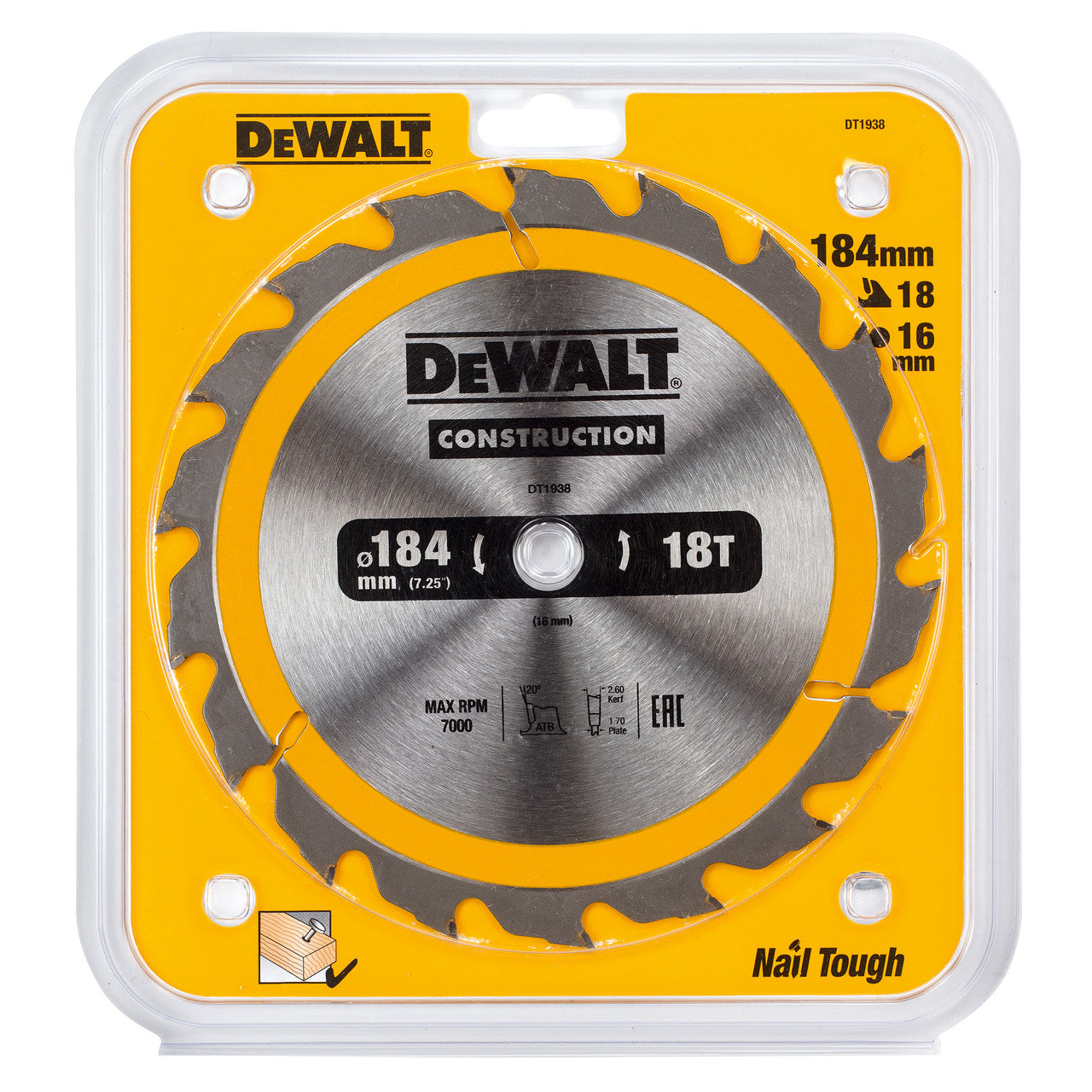 Dewalt Construction Circular Saw Blade 185 x 16mm x 18T DT1938
