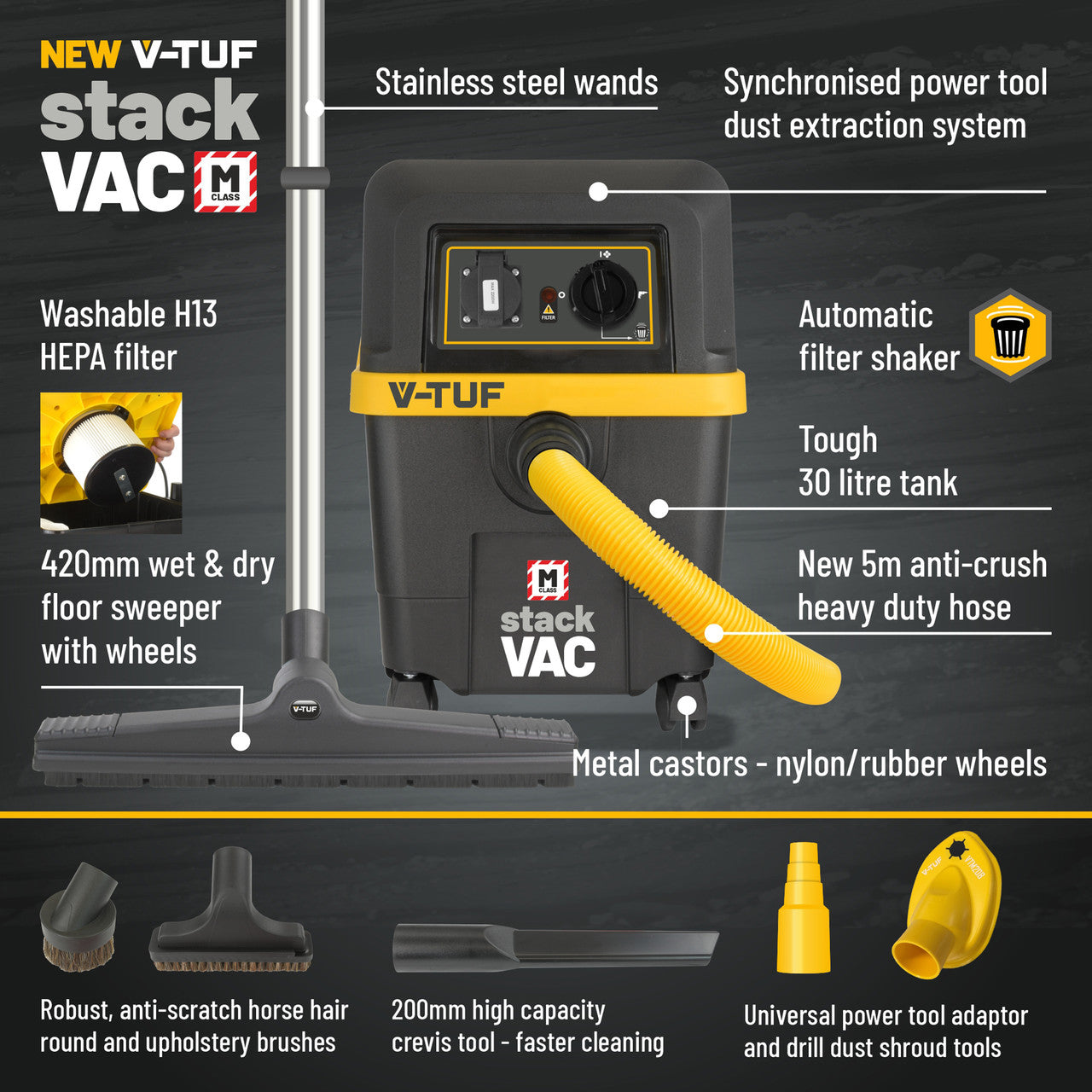 V-TUF M Class Wet & Dry Dust Extractor 30L 240V New Safety Version STACKVAC