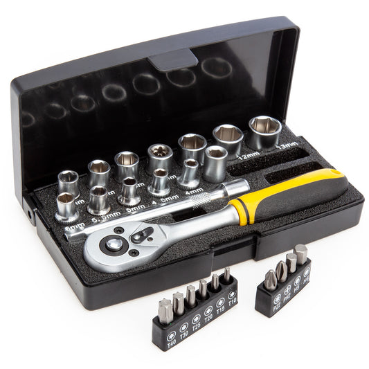 XTrade 1/4in Drive Socket And Bit Set 25 Piece Metric 6 Point Chrome X0900017