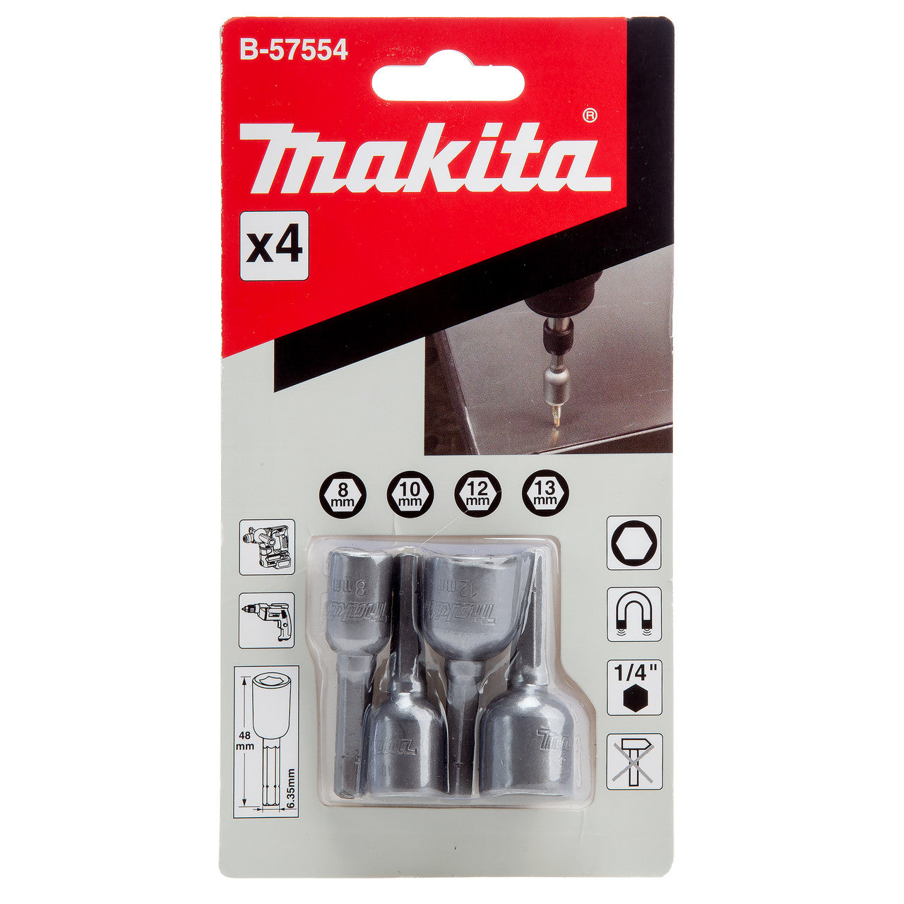 Makita Magnetic Nut Diver Setters 4 Piece 1/4" Hex Shank 8, 10, 12, 13 B-57554