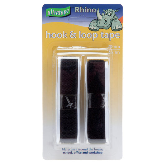 Ultratape Rhino Black Self Adhesive Hook & Loop Tape 20mm x 1m x 2 0170201BKLHUL
