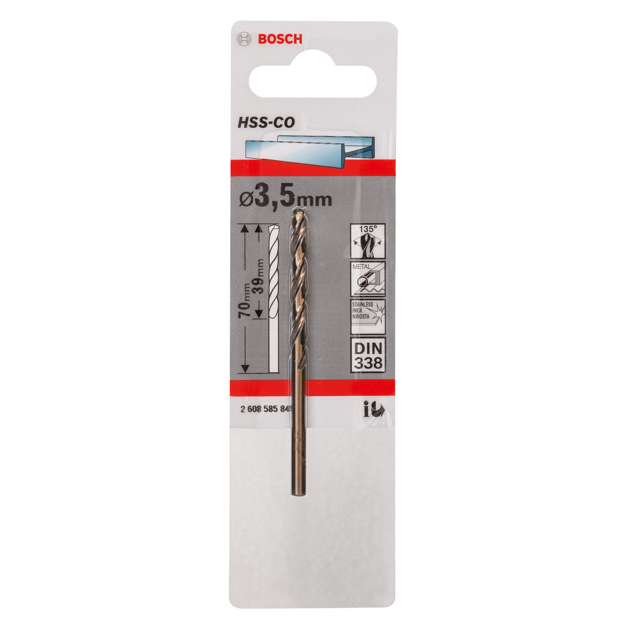 Bosch HSS-Co Cobalt Alloy Metal Drill Bit 3.5mm x 39mm x 70mm 2608585845