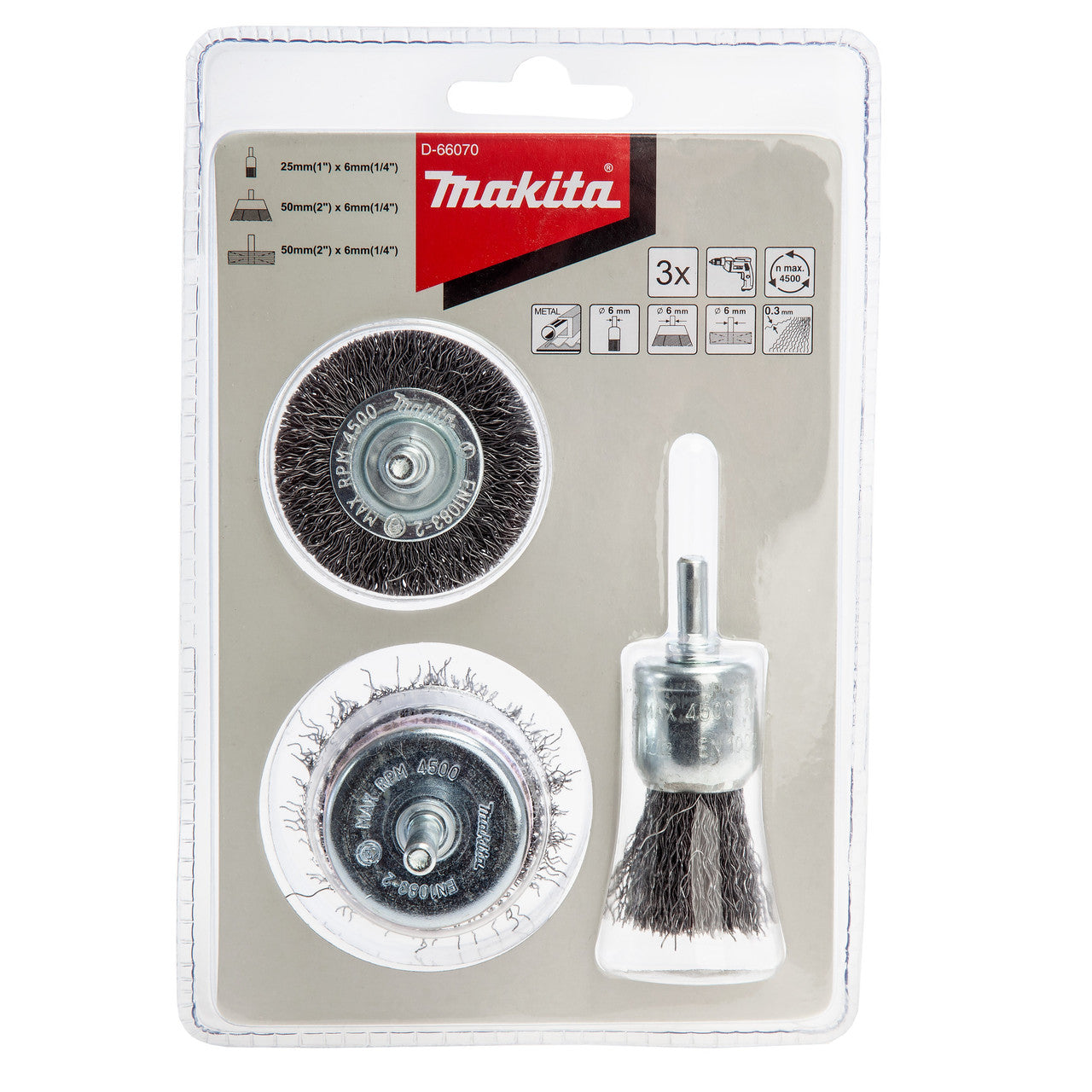 Makita Wire Brush Set For Drill 3 Piece 6mm Shank Steel Wire D-66070