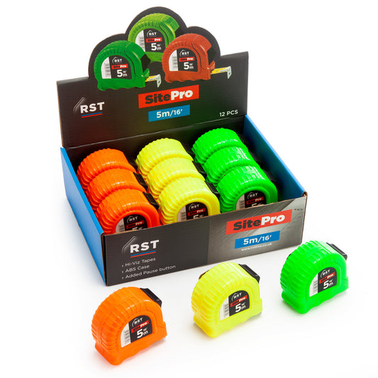 RST Hi-Viz Measuring Tape 16’ / 5m Box of 12 23mm Wide Blade With Pause RSTDIS50