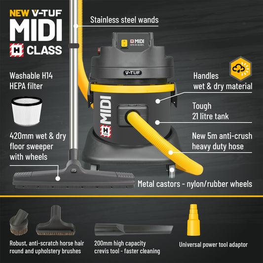 V-TUF H Class Midi Wet & Dry Dust Extractor 21L 110V New Safety Version MIDIH110
