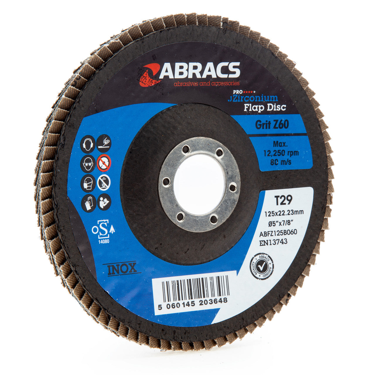 Abracs Zirconium Flap Disc with DPC Centre 125mm x 22.23mm 60 Grit ABFZ125B060