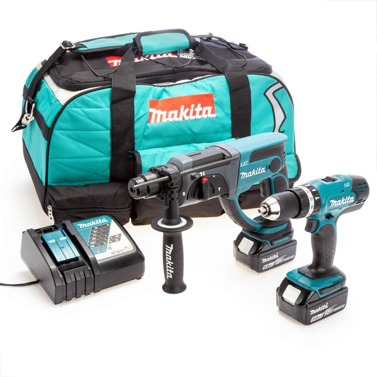 Makita 18V LXT Twin Pack Combi Drill Rotary Hammer 2 x 5.0Ah Batteries DLX2025T