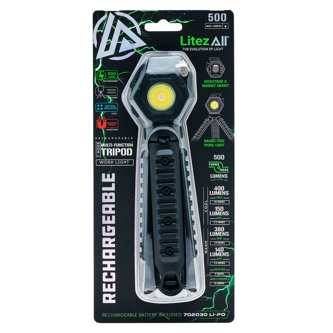 LitezAll Compact Work Light with Tripod 500 Lumens 4 Hour Run Time 26215