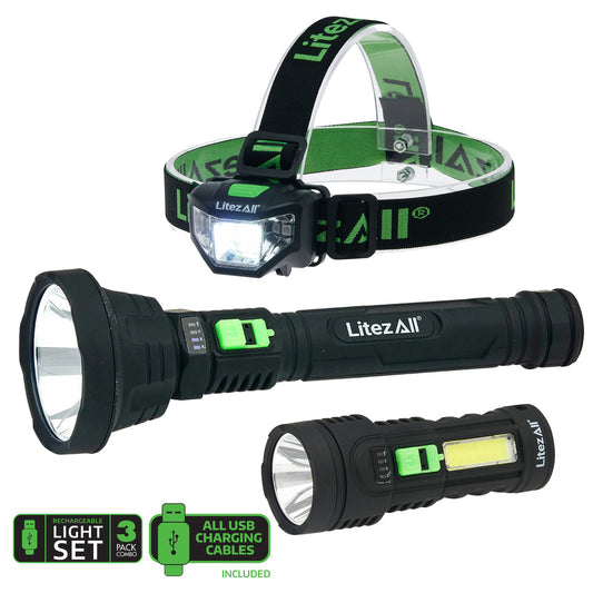 LitezAll 2 Flashlights And Head Torch Triple Pack Rechargeable 27625