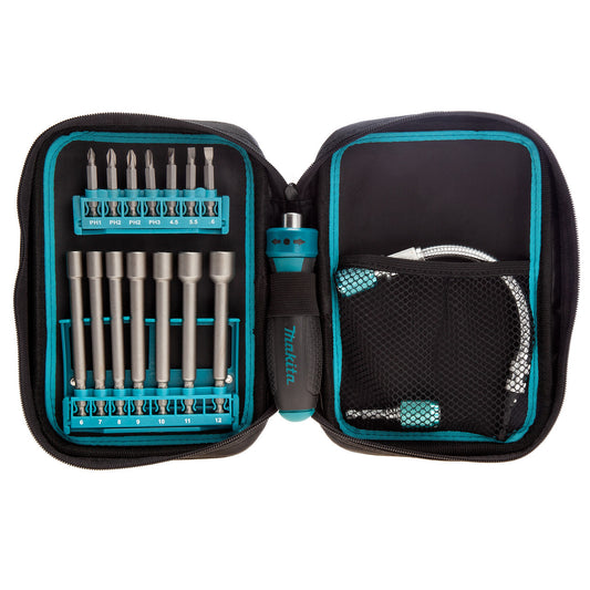 Makita Nutrunner and Bit Pouch 17 Piece With Ratchet Quick Change Chuck P-90043