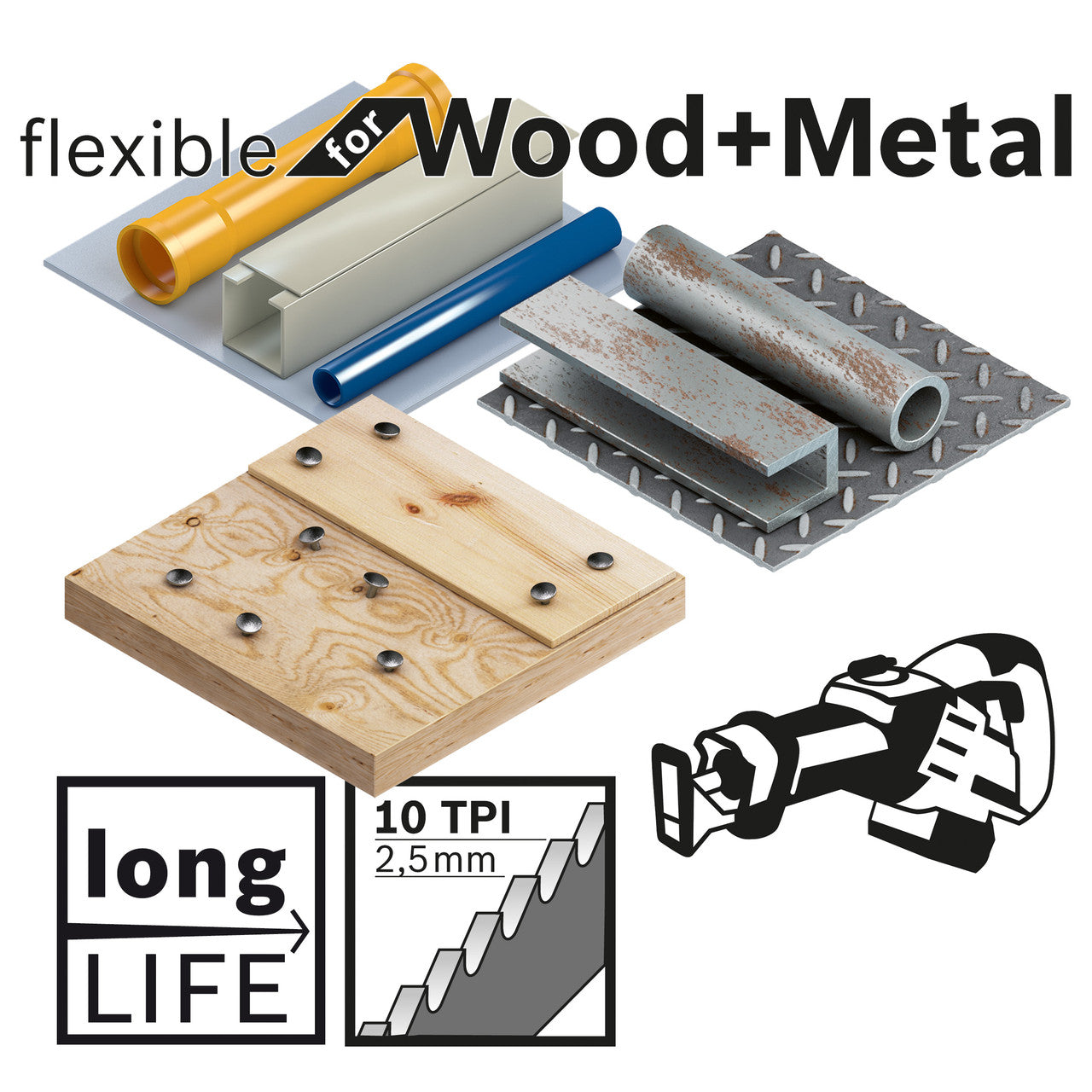 Bosch Flexible Reciprocating Saw Blades for Wood & Metal 225mm 5 Pack S1122HF