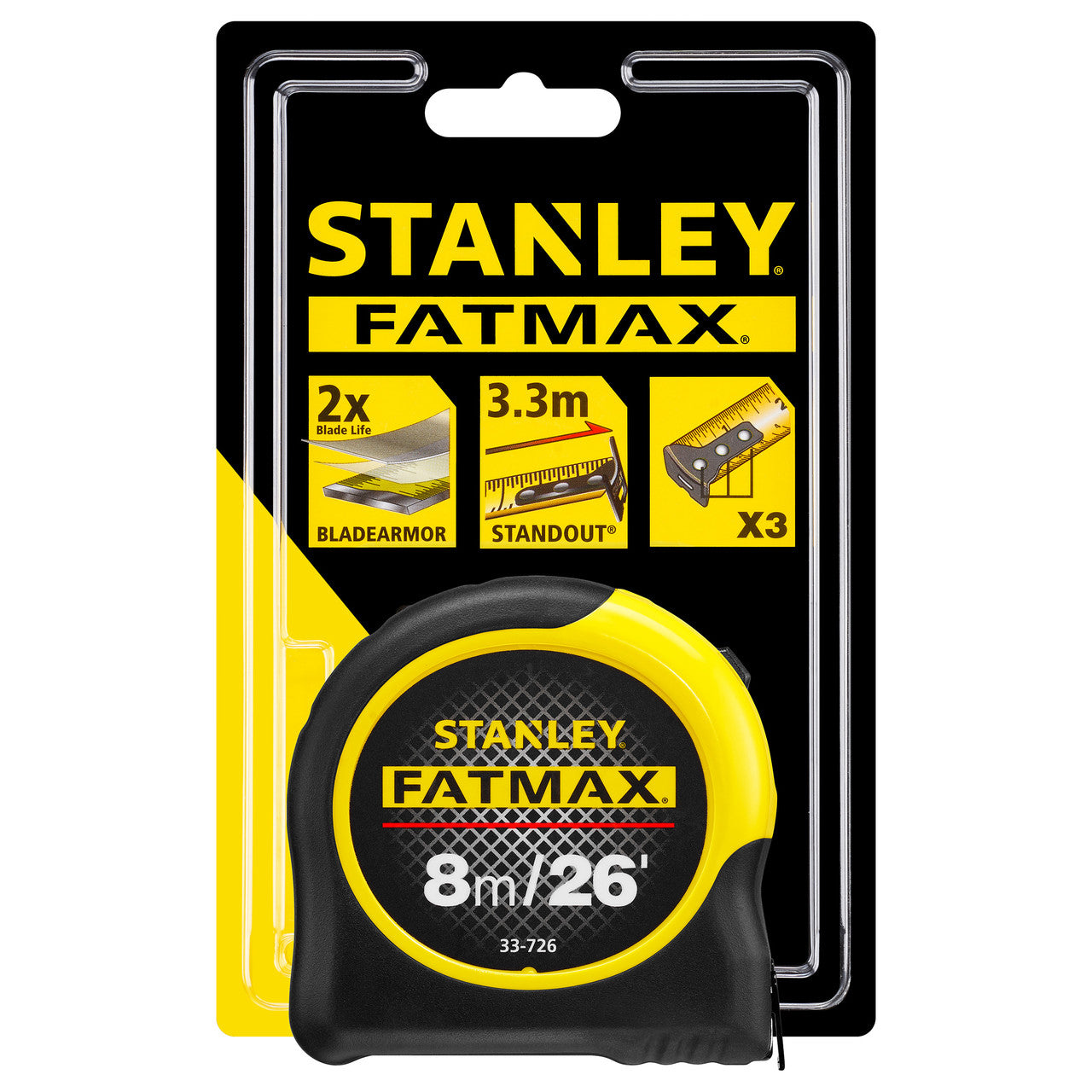 Stanley FatMax BladeArmor Tape Measure 26ft 8m Width 32mm 0-33-726