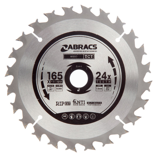 Abracs TCT Cordless Circular Saw Blade for Wood 165 x 20mm x 24T TCTC16524