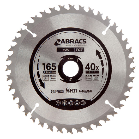 Abracs TCT Cordless Circular Saw Blade for Wood 165 x 20mm x 40T TCTC16540