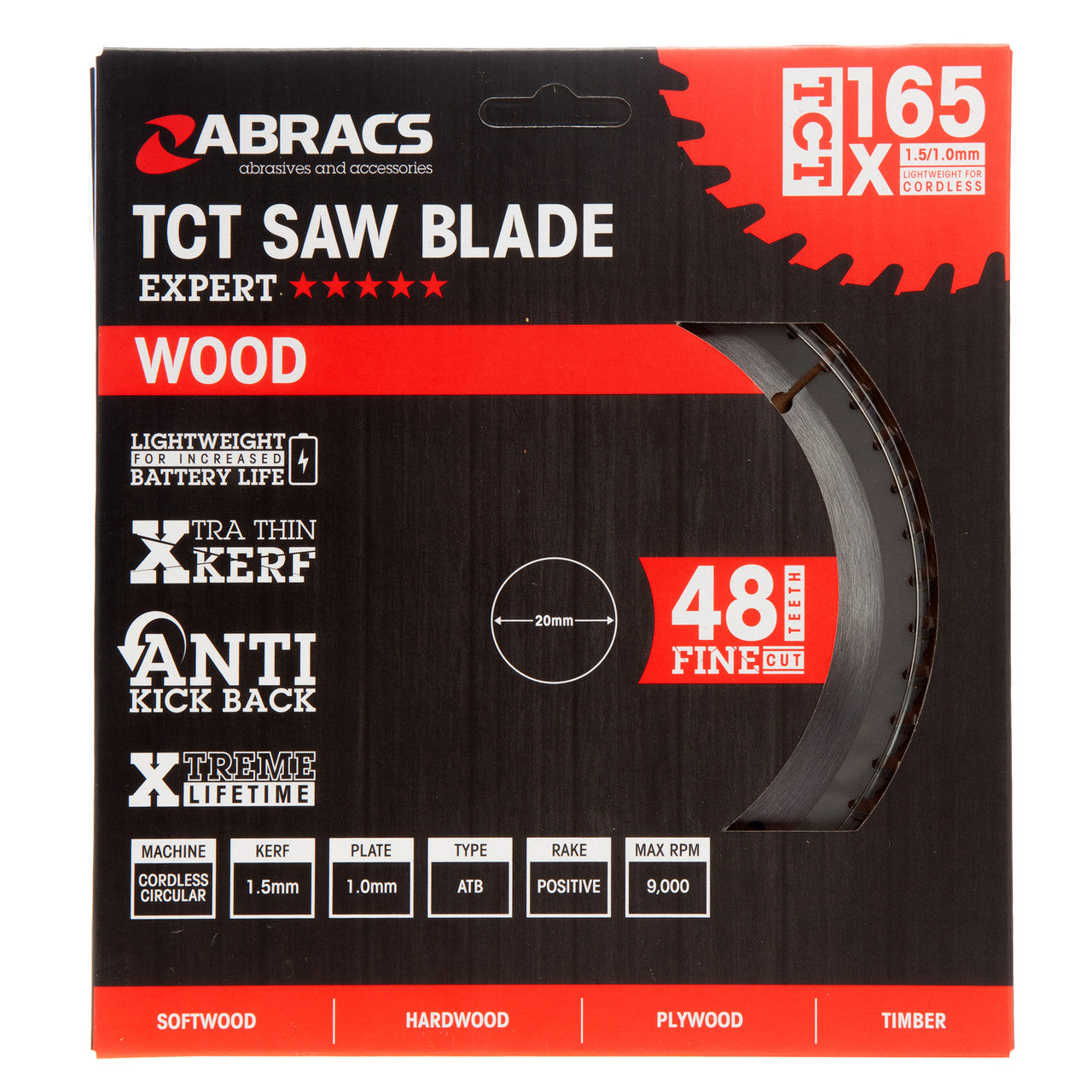 Abracs TCT Cordless Circular Saw Blade for Wood 165 x 20mm x 48T TCTC16548