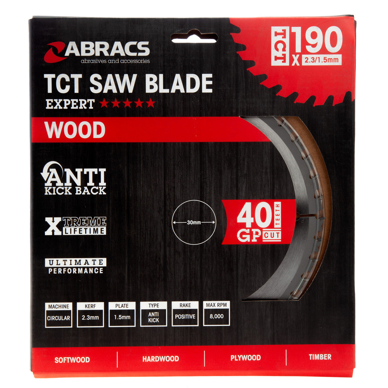 Abracs TCT Circular Saw Blade for Wood 190 x 30mm x 40T TCT19040