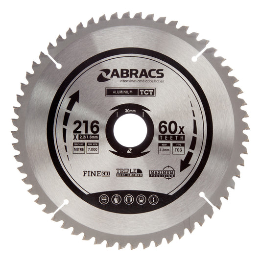 Abracs TCT Circular Saw Blade for Aluminium 216 x 30mm x 60T TCTA21660