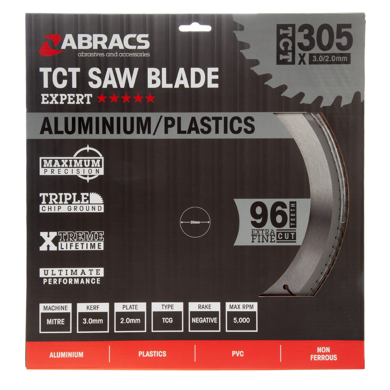 Abracs TCT Circular Saw Blade for Aluminium 305 x 30mm x 96T TCTA30596