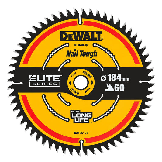 Dewalt ELITE Circular Saw Blade Nail Tough 184mm x 16mm 60T DT1670