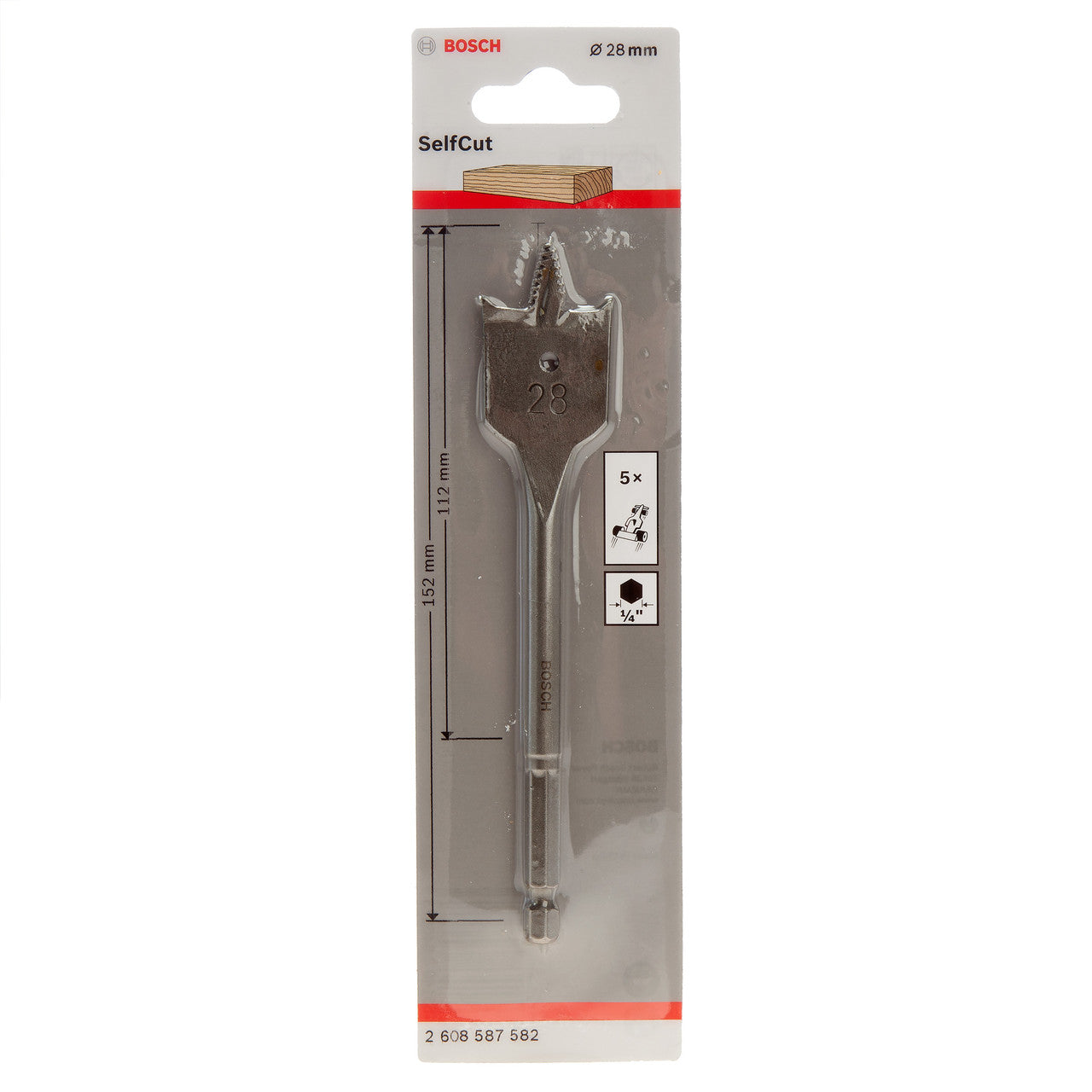 Bosch SelfCut Flat Drill Bit Hex Shank 28 x 152mm Wood & Plasterboard 2608587582