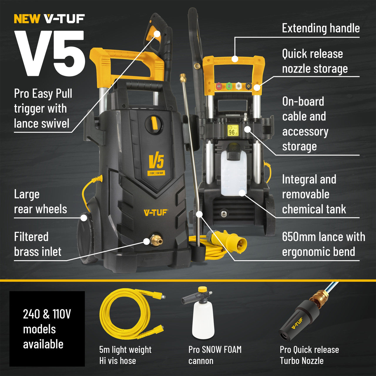 V-TUF V5 X2 Pressure Washer 150Bar 110V 8 metre Hose V-TUF-V5110X2-110V