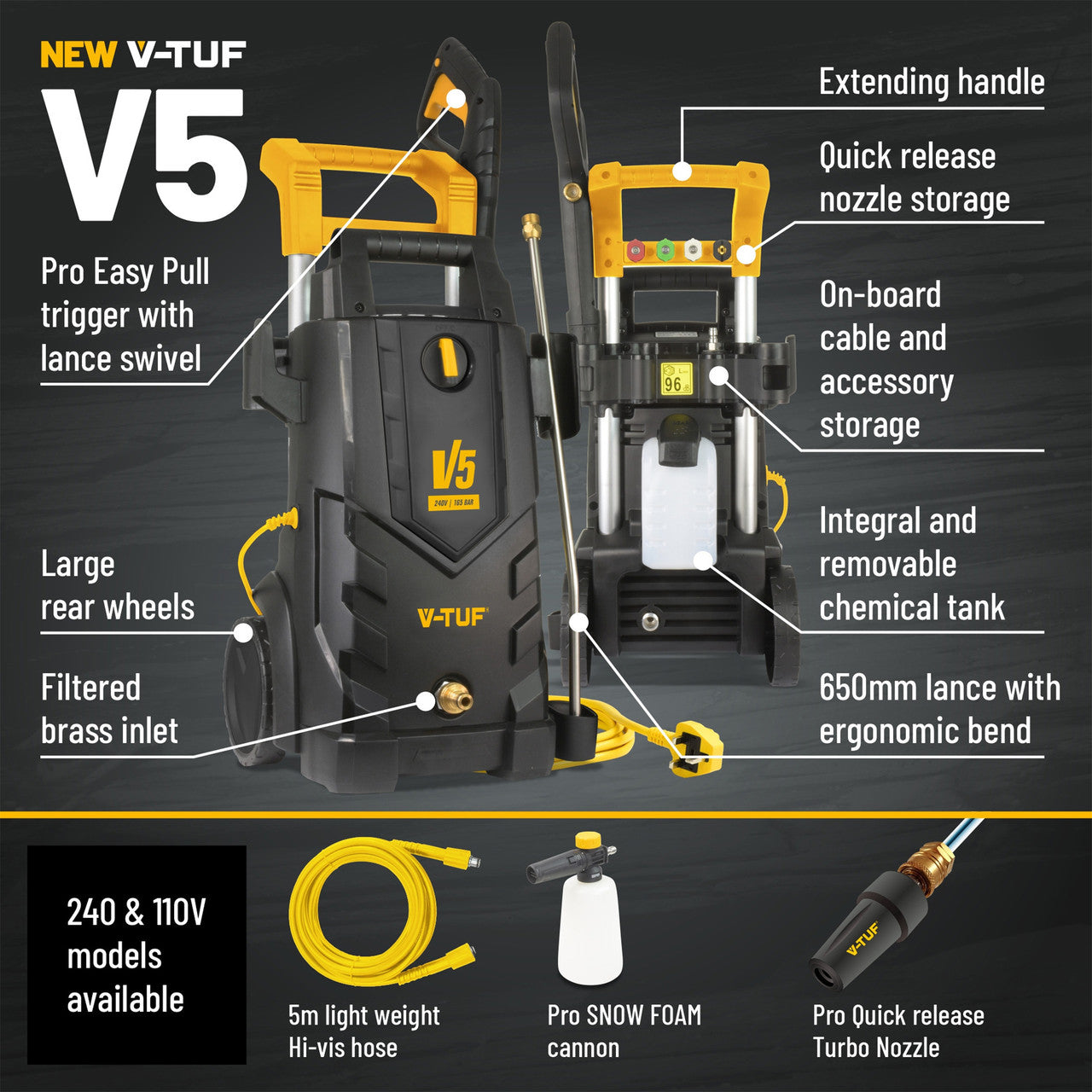V-TUF V5 X2 Pressure Washer 165Bar 240V  8 metre Hose V-TUF-V5240X2-240V
