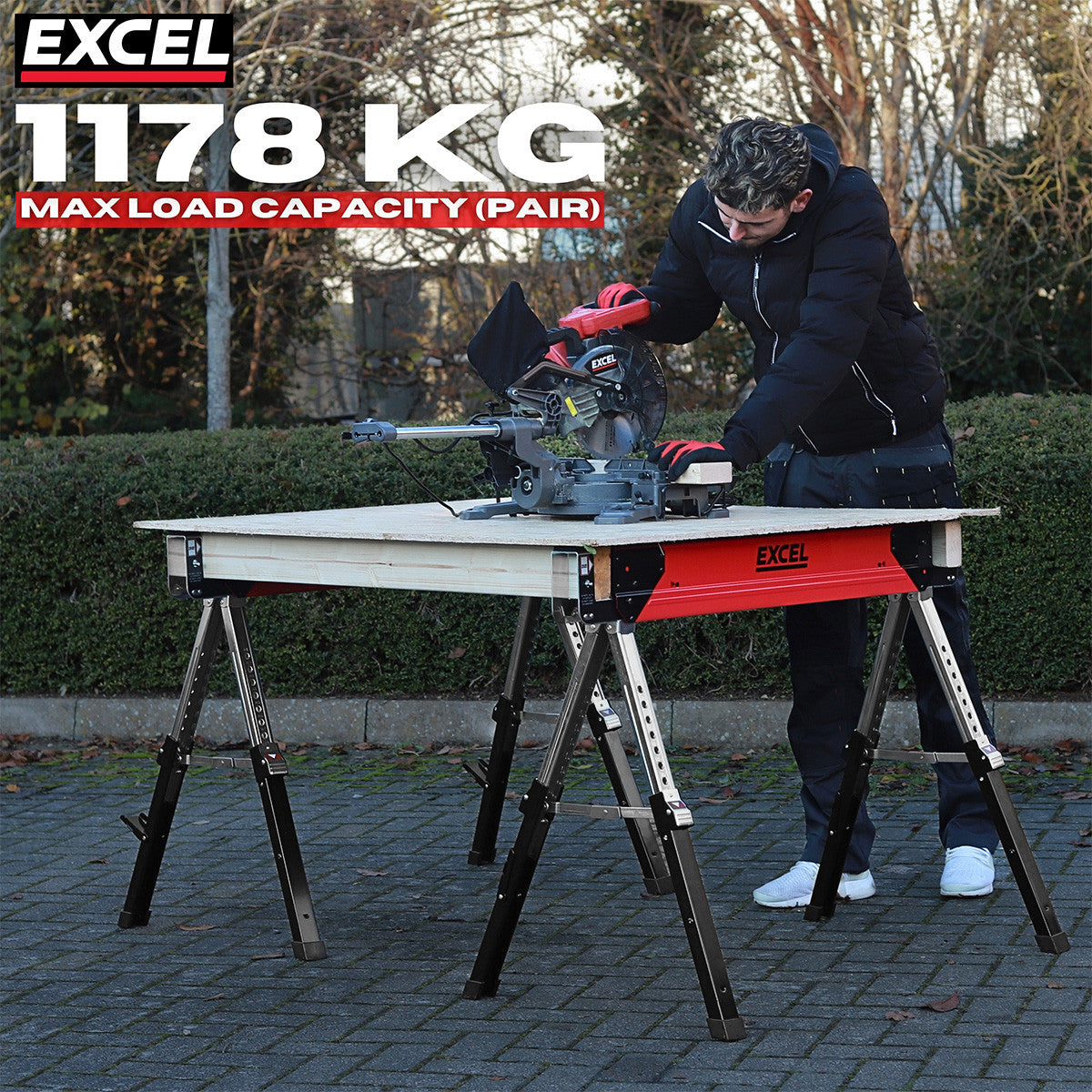 Excel 6288 Heavy Duty Steel Folding Saw Horse with Adjustable Legs 1178kg Capacity (Twin Pack)