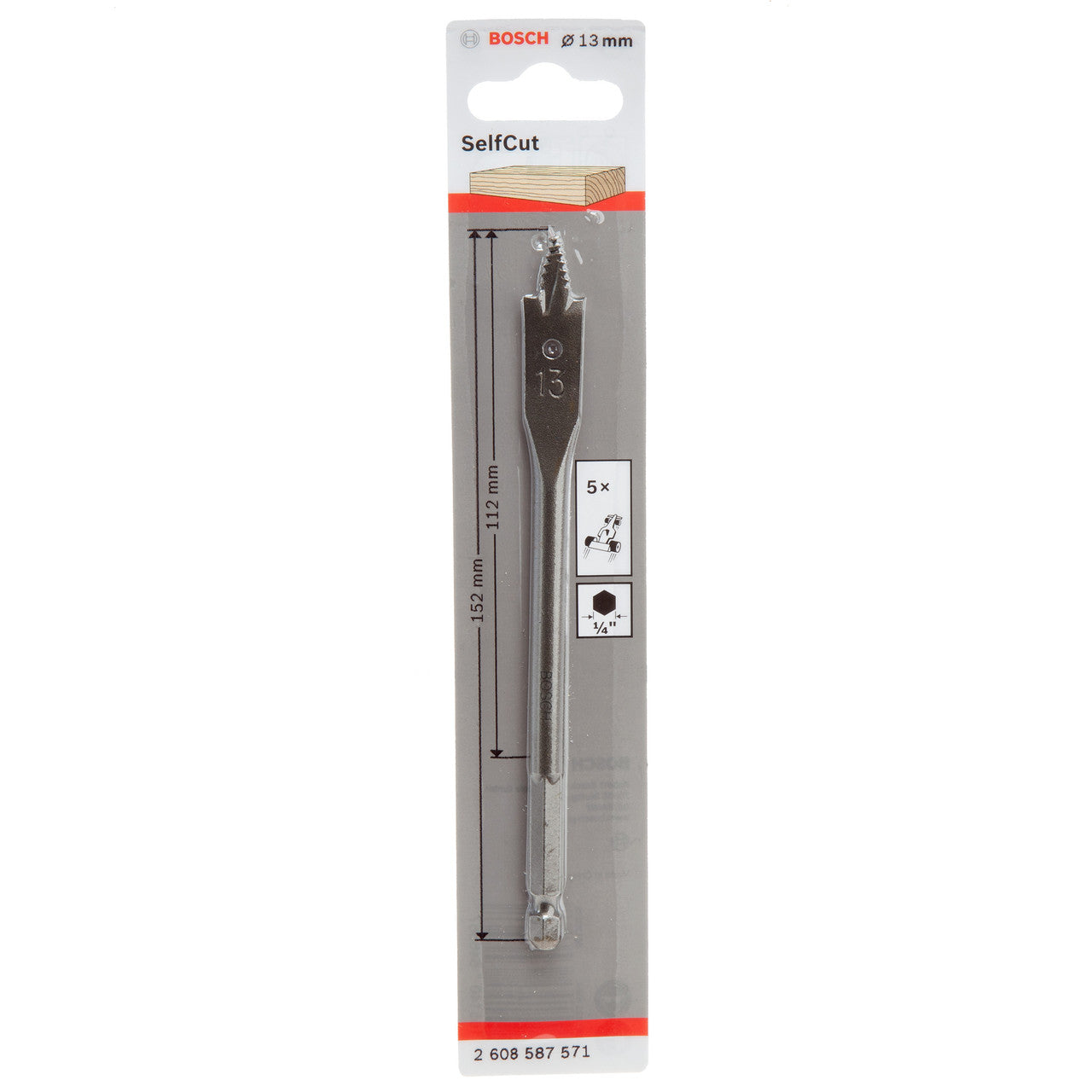 Bosch SelfCut Flat Drill Bit Hex Shank 13 x 152mm Wood & Plasterboard 2608587571