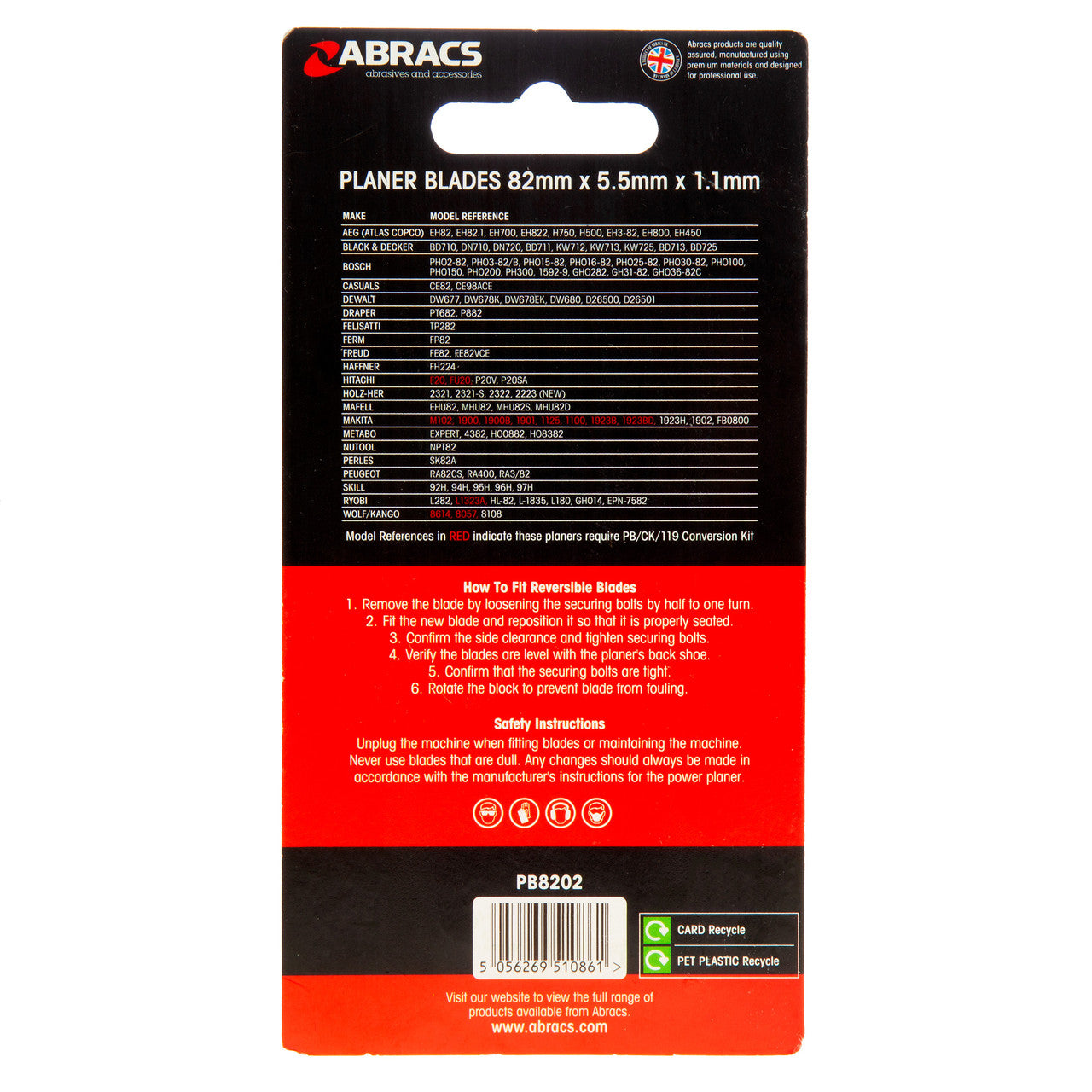 Abracs Planer Blades 82mm Pack Of 2 Solid Carbide Construction PB8202