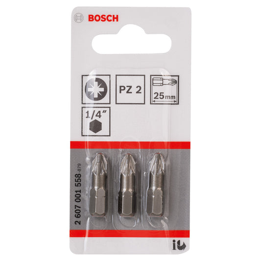 Bosch Extra Hard PZ2 Screwdriver Bits 25mm Pack Of 3 - 2607001558