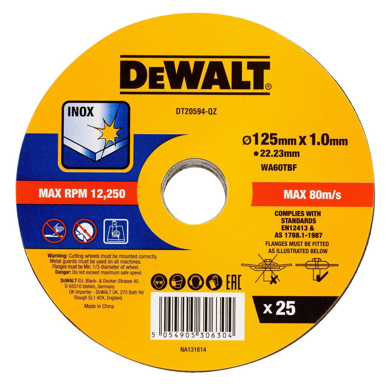 Dewalt Bonded Cutting Discs 125mm x 1mm x 22.23mm Pack of 25 DT20594