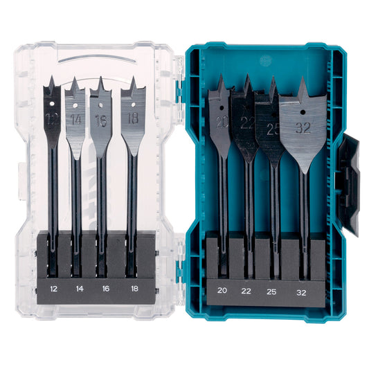 Makita Flat Wood Bit Set Metric 12 - 32mm 8 Piece Shank 1/4 hex E-08698