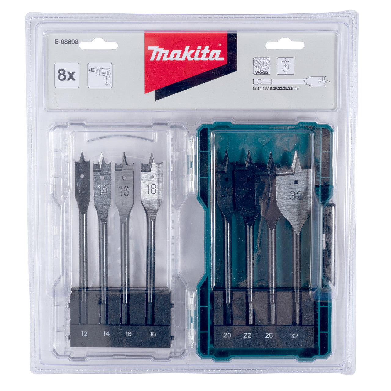 Makita Flat Wood Bit Set Metric 12 - 32mm 8 Piece Shank 1/4 hex E-08698
